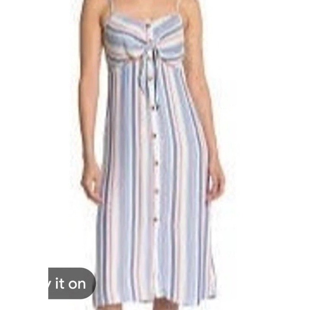 Mimi Chica Button Down Sundress Sz S Midi Pink Gray Stripes Front Tie Boho Beach